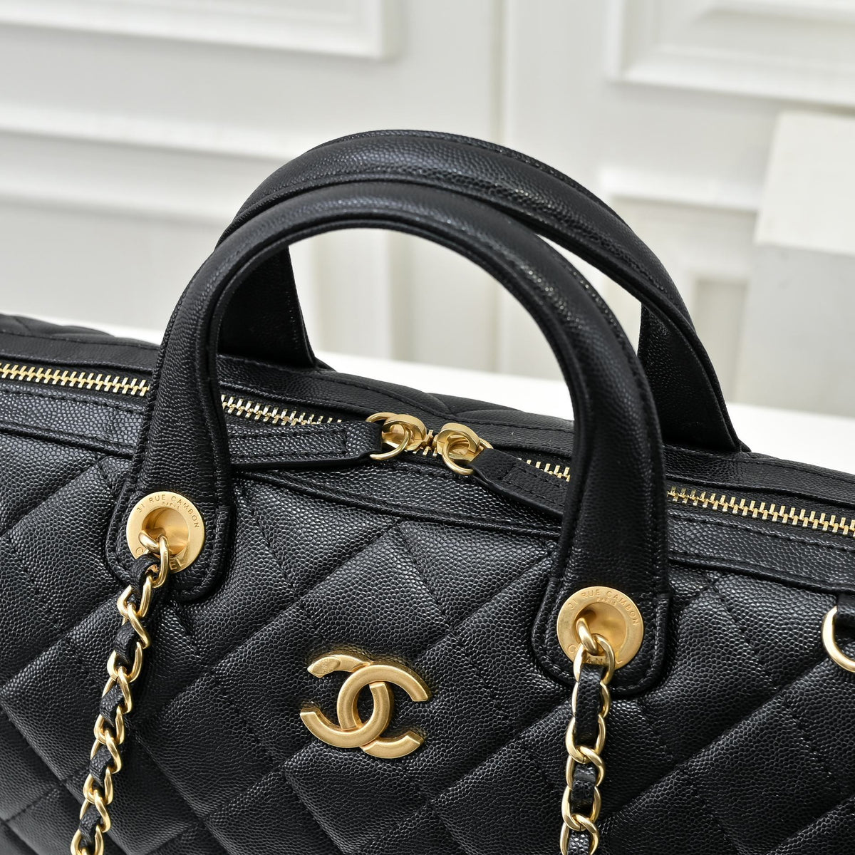 Caviar Quilted Barrel Clutch With Chain