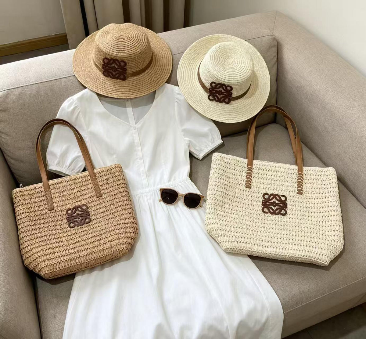 Woven Straw Tote Bag With Hat
