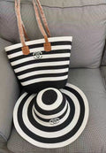Striped Straw Beach Tote Bag with Matching Wide-Brim Sun Hat Set