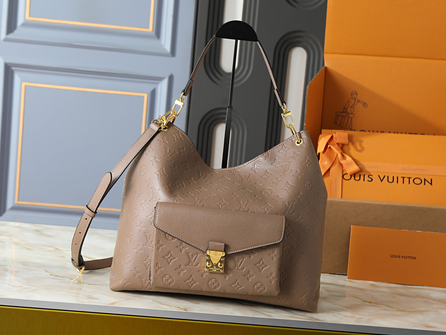 Embossed Leather Hobo Shoulder Bag with Front Pocket
