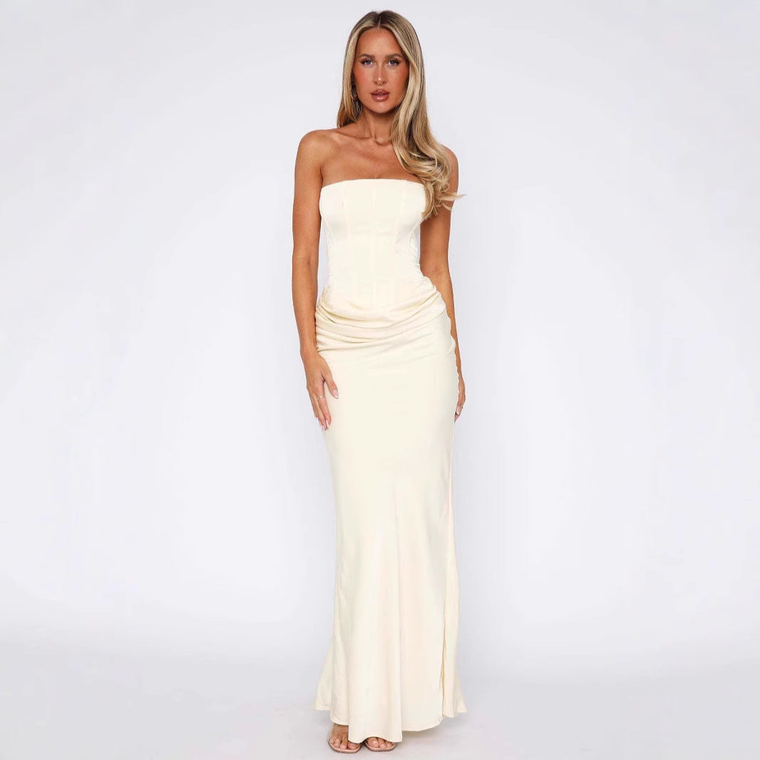 Wrapped Chest Lace-up Fishbone Slim Sheath Satin Long Dress