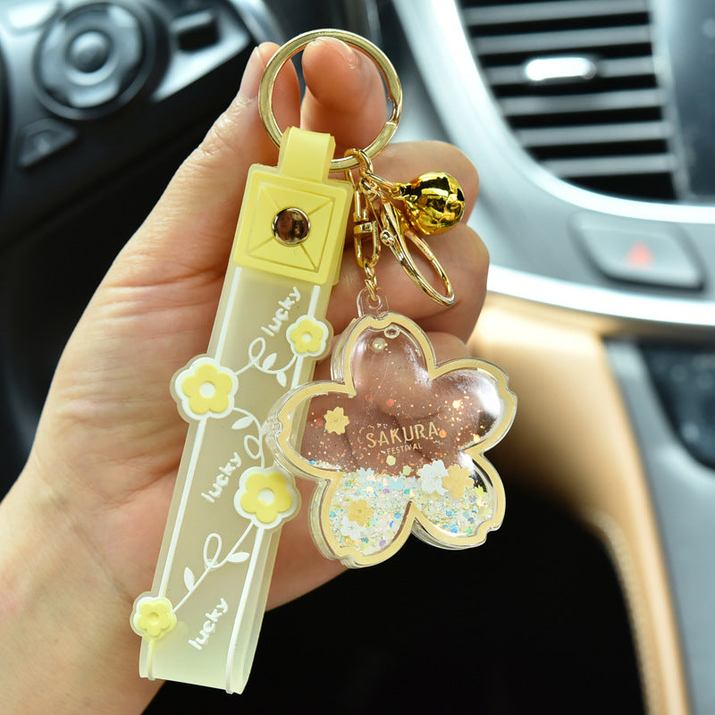 Cartoon Quicksand Cherry Blossom Keychain Acrylic Transparent Flower Oil Drift Bottle Bag Pedants Hangings